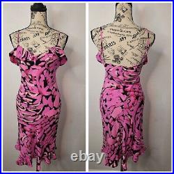 Betsey Johnson Black Label 1990s Silk Slip Dress Ruffle Pink/Black P (Small)
