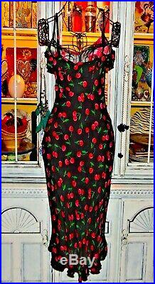 Betsey Johnson Dress VINTAGE Black RED CHERRIES Slip Wiggle Sheath Party M 6 8