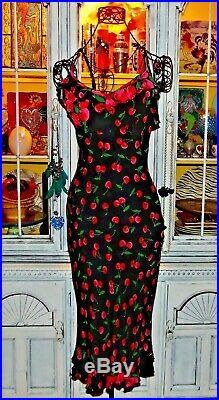 Betsey Johnson Dress VINTAGE Black RED CHERRIES Slip Wiggle Sheath Party M 6 8
