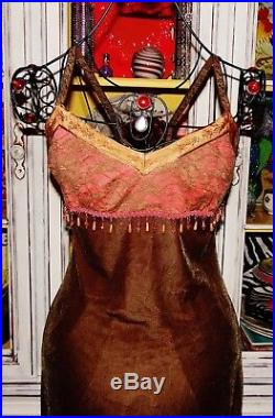 Betsey Johnson Dress VINTAGE Stretch CRUSHED VELVET Brown LACE Party SLIP M 6 8