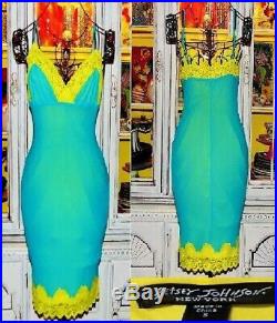 Betsey Johnson Dress VINTAGE Turquoise Blue Yellow LACE Pinup Party Slip S 2 4 6