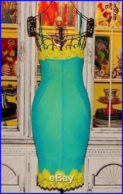 Betsey Johnson Dress VINTAGE Turquoise Blue Yellow LACE Pinup Party Slip S 2 4 6
