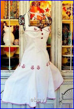 Betsey Johnson Dress VINTAGE White Embroider Anchors Rockabilly Skater Party 2 S