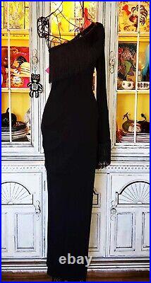 Betsey Johnson Dress Vintage Y2K Black Fringe One Shoulder Long Maxi Size Large