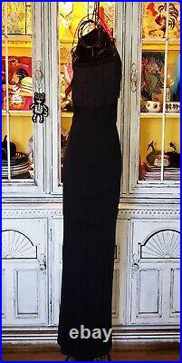 Betsey Johnson Dress Vintage Y2K Black Fringe One Shoulder Long Maxi Size Large