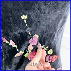 Betsey Johnson Ultra Vintage Black Velour Velvet Midi Slip Dress Floral Medium