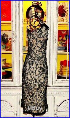 Betsey Johnson VINTAGE Dress BLACK FLORAL Wiggle Pinup Mesh Party Prom Slip 2 S