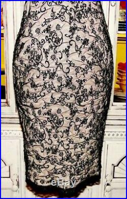 Betsey Johnson VINTAGE Dress BLACK FLORAL Wiggle Pinup Mesh Ruched Slip 2 S