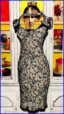 Betsey Johnson VINTAGE Dress BLACK FLORAL Wiggle Pinup Mesh Ruched Slip 2 S