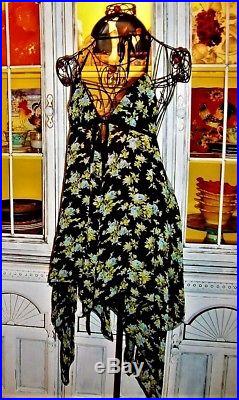 Betsey Johnson VINTAGE Dress BLUE ROSE Black BACKLESS Floral SLIP S M 2 4 6 8