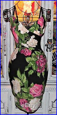 Betsey Johnson VINTAGE Dress CABBAGE ROSE Floral WRAP TOP Black Slip S 2 4 6