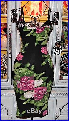 Betsey Johnson VINTAGE Dress CABBAGE ROSE Floral WRAP TOP Black Slip S 2 4 6