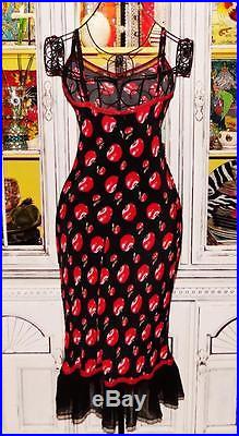 Betsey Johnson VINTAGE Dress CHERRY RED APPLE Black LACE Mesh RUFFLE Slip M 6 8