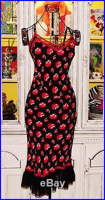 Betsey Johnson VINTAGE Dress CHERRY RED APPLE Black LACE Mesh RUFFLE Slip M 6 8