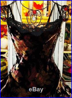 Betsey Johnson VINTAGE Dress CRUSHED VELVET Black FLORAL ROSE Lace SLIP 4 S