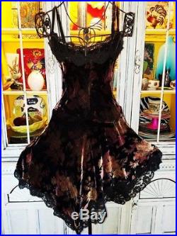 Betsey Johnson VINTAGE Dress CRUSHED VELVET Black FLORAL ROSE Lace SLIP 6 S 8
