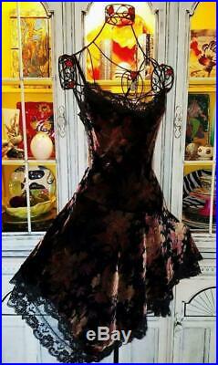 Betsey Johnson VINTAGE Dress CRUSHED VELVET Black Floral Rose Victorian SLIP 4 S