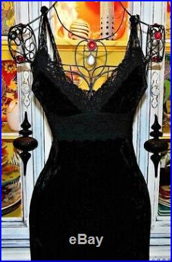 Betsey Johnson VINTAGE Dress CRUSHED VELVET Black Lace Slip Evening Party M 8 10