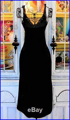 Betsey Johnson VINTAGE Dress CRUSHED VELVET Black STRETCH Lace SLIP Party M 8 10