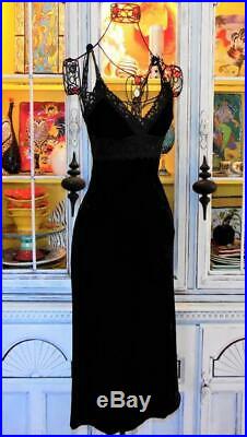 Betsey Johnson VINTAGE Dress CRUSHED VELVET Black STRETCH Lace SLIP Party M 8 10