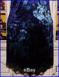 Betsey Johnson VINTAGE Dress CRUSHED VELVET Blue ROSE Floral LACE Slip S 2 4 6