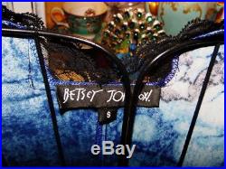 Betsey Johnson VINTAGE Dress CRUSHED VELVET Blue ROSE Floral LACE Slip S 2 4 6
