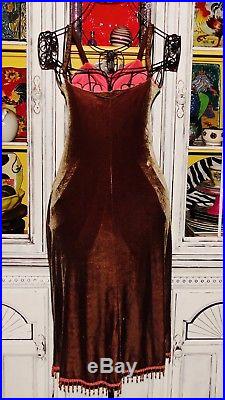 Betsey Johnson VINTAGE Dress CRUSHED VELVET Brown LACE Beaded SLIP Pink M 6 8