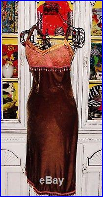 Betsey Johnson VINTAGE Dress CRUSHED VELVET Brown LACE Beaded SLIP Pink M 6 8