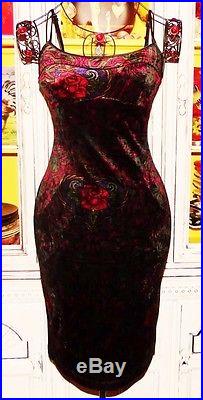 Betsey Johnson VINTAGE Dress CRUSHED VELVET Gray ROSE Franky TATTOO Slip S 2 4 6
