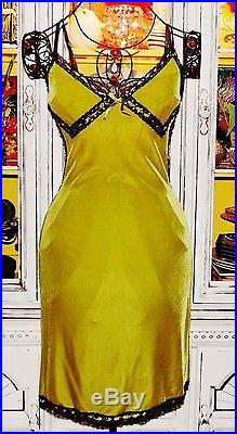 Betsey Johnson VINTAGE Dress CRUSHED VELVET Green BLACK LACE Pinup Slip S 2 4 6
