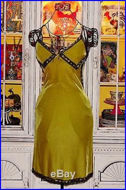 Betsey Johnson VINTAGE Dress CRUSHED VELVET Green BLACK LACE Pinup Slip S 2 4 6
