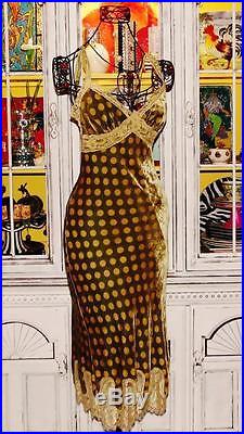 Betsey Johnson VINTAGE Dress CRUSHED VELVET Green POLKA DOT Lace SLIP 6 S 8