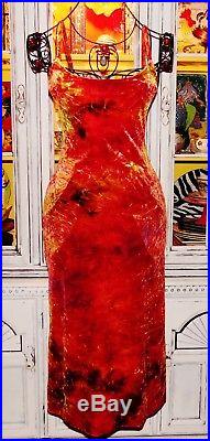 Betsey Johnson VINTAGE Dress CRUSHED VELVET Orange TIE DYE Long SLIP Maxi S 2 6
