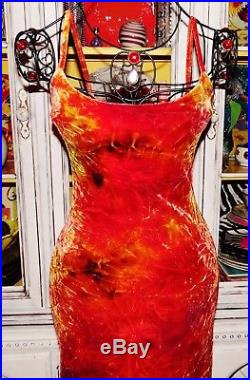 Betsey Johnson VINTAGE Dress CRUSHED VELVET Orange TIE DYE Long SLIP Maxi S 2 6