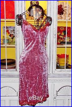 Betsey Johnson VINTAGE Dress CRUSHED VELVET Sequin LACE Slip PINK Bodycon 8 M S