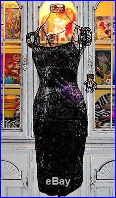 Betsey Johnson VINTAGE Dress CRUSHED VELVET Silver ROSE Tattoo FRANKY Slip M 6