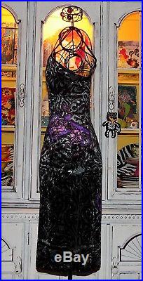 Betsey Johnson VINTAGE Dress CRUSHED VELVET Silver ROSE Tattoo FRANKY Slip M 6