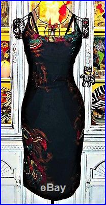 Betsey Johnson VINTAGE Dress DRAGON IN FIRE FLAMES Black TATTOO Slip M 6 8 10