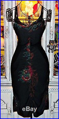 Betsey Johnson VINTAGE Dress DRAGON IN FIRE FLAMES Black TATTOO Slip M 6 8 10