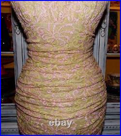 Betsey Johnson VINTAGE Dress FLORAL MESH Pink Gold Ruched WIGGLE Retro Party 2 S