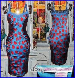 Betsey Johnson VINTAGE Dress FLORAL ROSE Blue SILK Slip Wiggle Bodycon Pinup 2 S