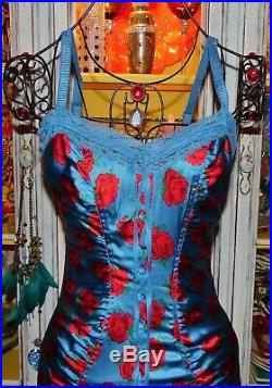 Betsey Johnson VINTAGE Dress FLORAL ROSE Blue SILK Slip Wiggle Bodycon Pinup 2 S