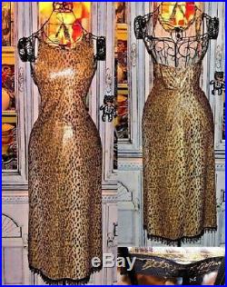 Betsey Johnson VINTAGE Dress GOLD SHIMMER Slinky LEOPARD Beaded SLIP Rare M 8 10