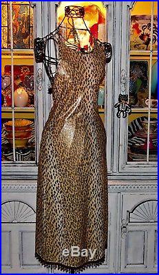 Betsey Johnson VINTAGE Dress GOLD SHIMMER Slinky LEOPARD Beaded SLIP Rare M 8 10