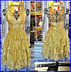 Betsey Johnson VINTAGE Dress Gold RUFFLE Layered Cocktail Evening Party Prom 2 S
