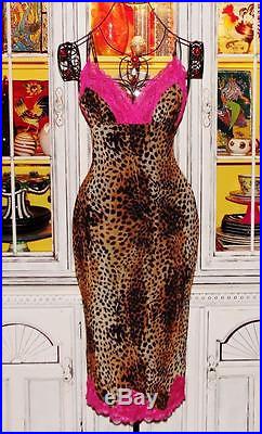 Betsey Johnson VINTAGE Dress LEOPARD Animal HOT PINK LACE Pinup Slip L 10 12