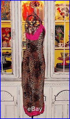 Betsey Johnson VINTAGE Dress LEOPARD Animal HOT PINK LACE Pinup Slip L 10 12
