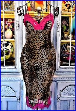 Betsey Johnson VINTAGE Dress LEOPARD Animal HOT PINK LACE Pinup Slip S 2 4 6