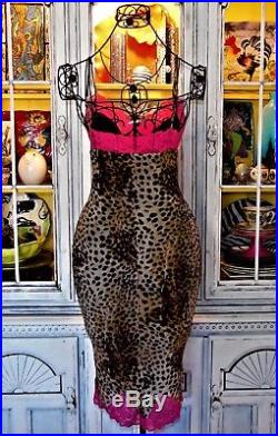 Betsey Johnson VINTAGE Dress LEOPARD Animal HOT PINK LACE Pinup Slip S 2 4 6