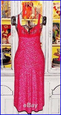 Betsey Johnson VINTAGE Dress LEOPARD Animal HOT PINK Pinup LACE Slip S 2 4 6